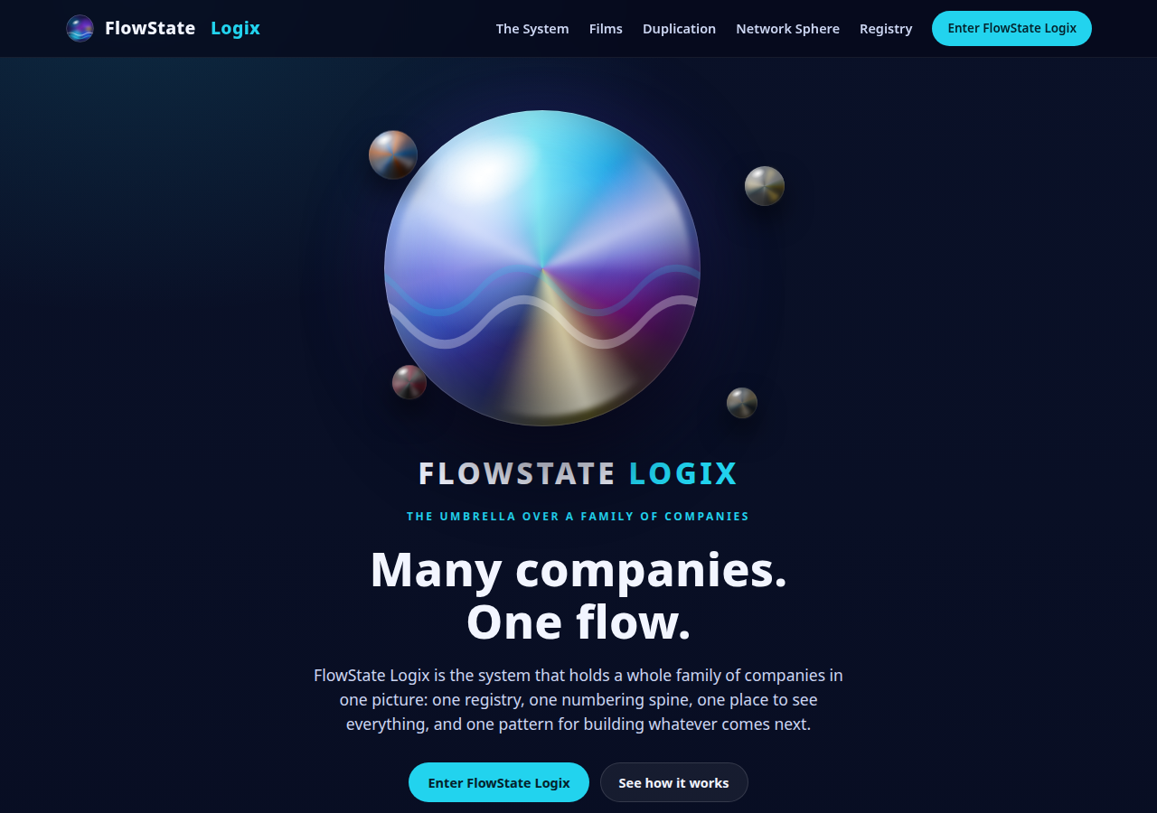 FlowState Logix marketing hero: the master marble with company marbles in orbit — Many companies. One flow.